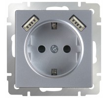 Розетка с заземлением, шторками и 2хUSB, без рамки Werkel Серебряный WL06-SKGS-USBx2-IP20
