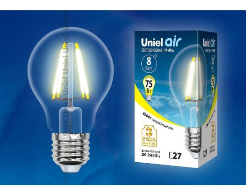 Лампа светодиодная Uniel Air E27 8Вт 3000K LED-A60-8W/WW/E27/CL GLA01TR картон