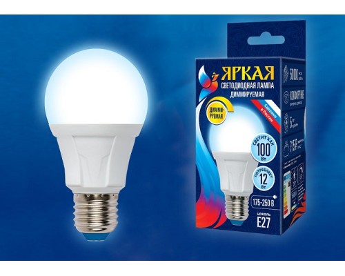 Лампа светодиодная Uniel Яркая Dim E27 12Вт 65000K LED-A60 12W/6500K/E27/FR/DIM PLP01WH картон